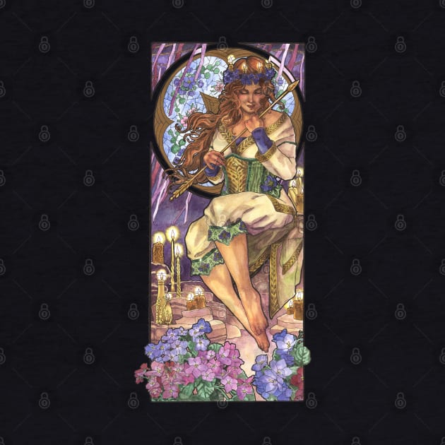 Lady of February Art Nouveau Birthstone and Birth Flower Mucha Inspired Goddess Art with Violets and Candles by angelasasser